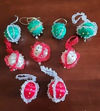 VTG Lot Handmade Satin Bead Push Pin Sequin Christmas Ornaments Red Green White