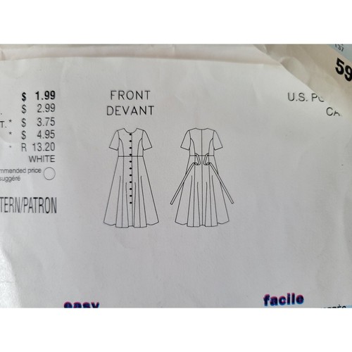 B42 B44 B46 Sewing Pattern for Front-Button Dress w Tie Back 90s Butterick 5910 - Picture 3 of 5