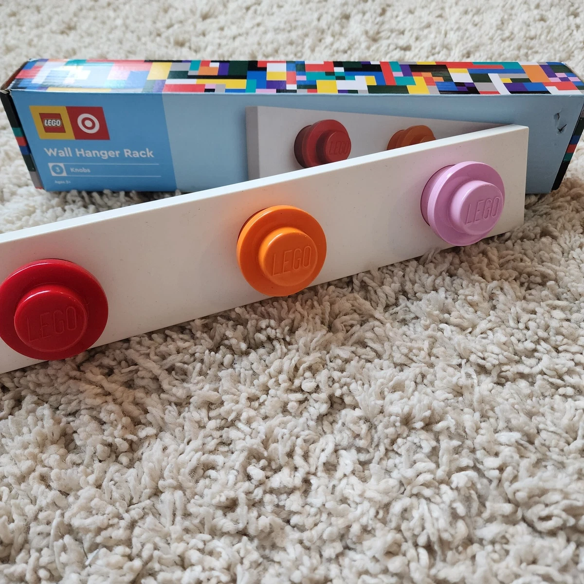 Lego Wall Hanger Rack w 3 Knobs Colors Red Orange Pink NIB eBay