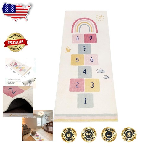 Soft Rainbow Hopscotch Game Area Rug - Ideal for Kids' Bedrooms & Playrooms