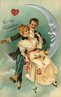 Set of TWO 4x7 Inch TO MY VALENTINE Couple on Moon Cotton Fabric Blocks