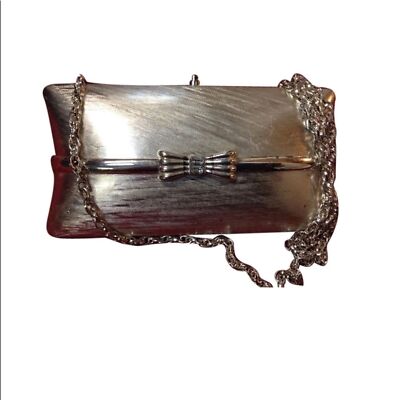 RODO Italy Vintage Silver Metallic Rhinestone Leather Clamshell Clutch Evening