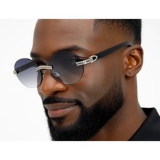 Mens Rimless Round Sunglasses Grey Gradient Lens Silver Crystal Bling Black New