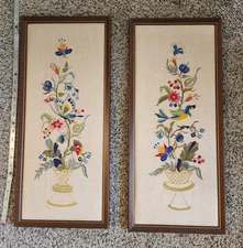 Vintage Pair Crewel Needlepoint bird butterfly flowers Framed MCM 70s earthtones