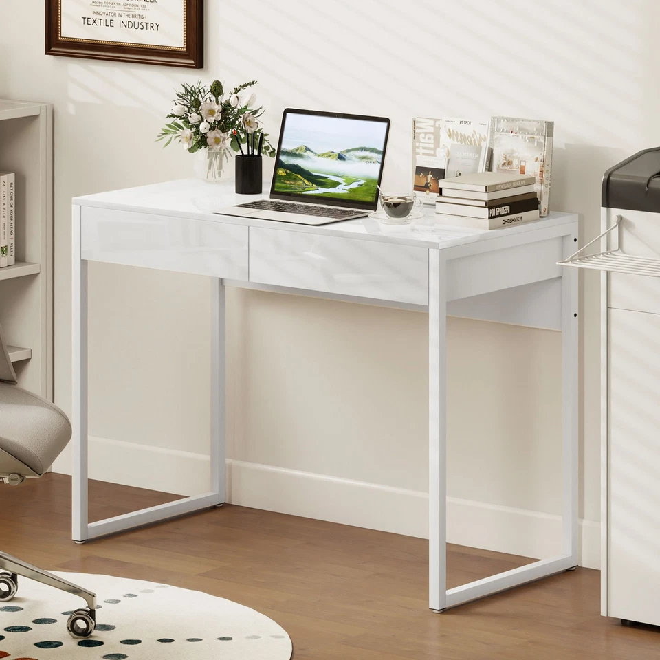HOMCOM Scrivania Moderna per Computer con 2 Cassetti 100x50x75cm Bianco Lucido - Immagine 2 di 4