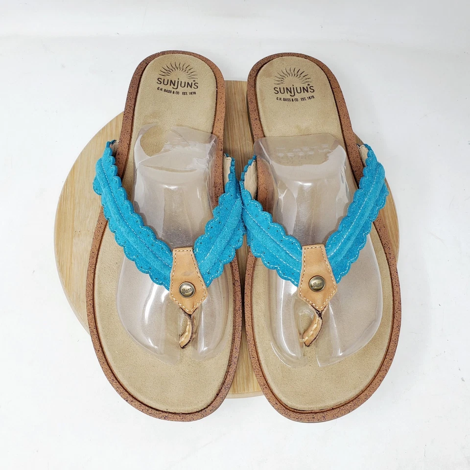 Sandalias Bass Sunjuns Mujer 10 Azul Gamuza Chanclas Tanga Piscina Playa Resort Zapatos Foto 4 de 4