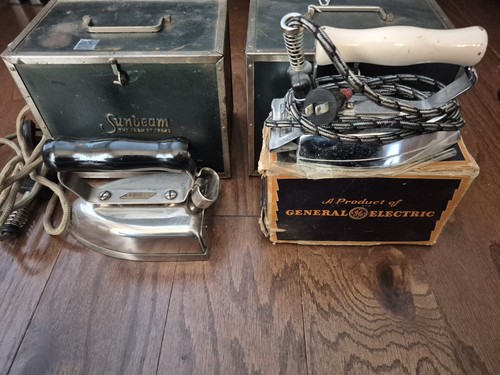 2 Vintage SUNBEAM Electric Iron Metal Storage Box Stash Tin Can And 2 Irones Ge