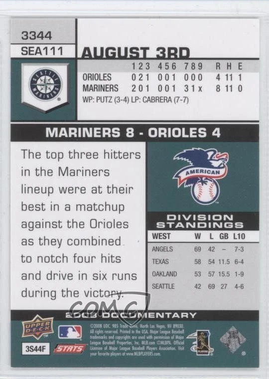 2008 Upper Deck Documentary Erik Bedard #3344 - Image 2 of 2