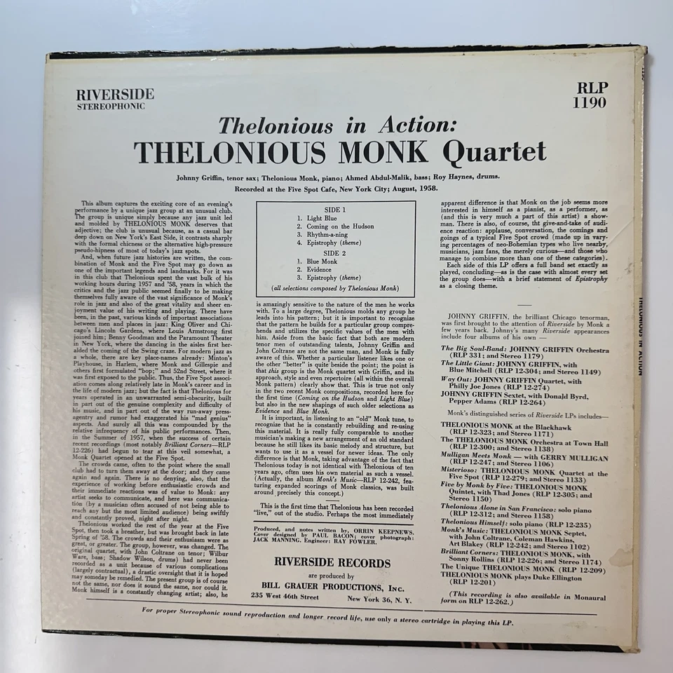 In Action Record Vinyl Thelonious Monk Riverside RLP 1190 Stereo - Image 2 of 4
