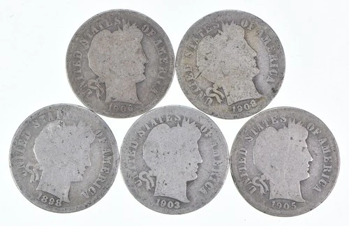 Better Lot 5 1906-D 1908-D 1898 1903-O 1905-S Barber Dime 0.50 Face *177