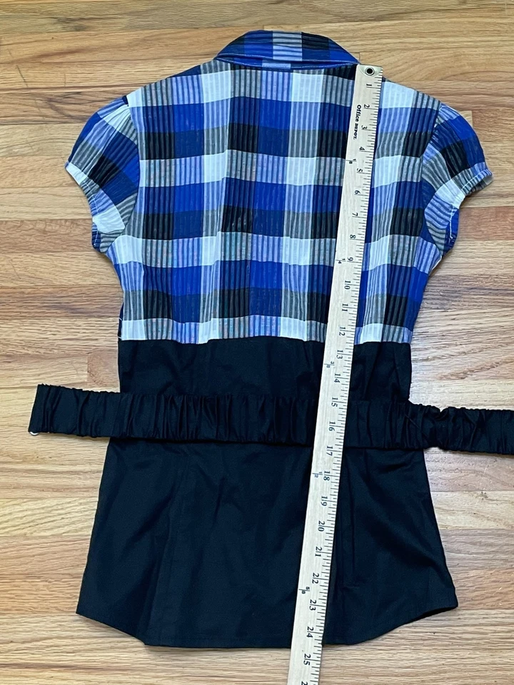 Camisa Heart Soul Para Mujer S Azul Y2k Babydoll Cinturón Vintage Cuadros Botón Top Cuello en V Foto 4 de 4