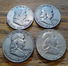 Lot of 4 Franklin Half Dollars --  1951, 1952, 1954 and 1963 -- 90% Silver