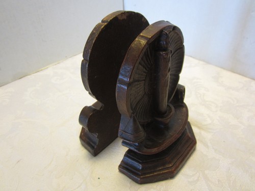 Vintage Syroco wood bookends Candle w/ holder & reflector BROWN 6.50”tall 1940s - Picture 3 of 5