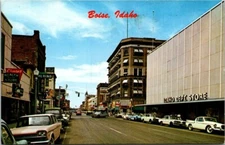 Boise ID Main Street Idaho Dept Store 1950s Auto Health Food Store postcardA GP5