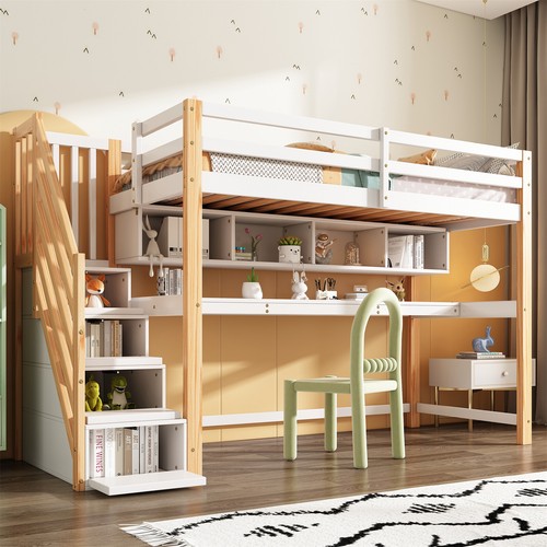 Hochbett 90x200cm Kinderbett Massiv Etagenbett mit Schreibtisch Schrank Treppe - Bild 2 von 8