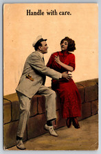 Vintage Postcard Humor Funny Man Hugging Women Handle with Card c1914