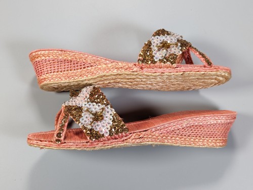 Vintage Women's Shoe 6.5 Woven Pink Grass Sequence NOS True Vtg American Girl - Picture 13 of 21