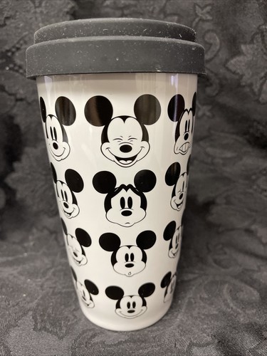 Disney Mickey Mouse Travel Coffee Cup Mug Tall White 12 oz w/Lid Ceramic Faces - Picture 3 of 6