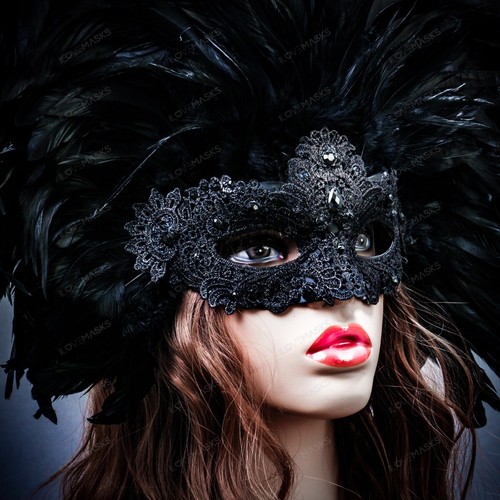 Black Venetian Carnival Masquerade Top Feather Women Sexy Eye Mask Mardi Gras - Picture 5 of 12