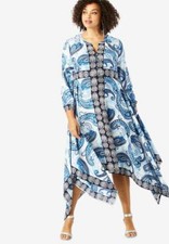FBB Plus Size 32W Navy Border Paisley Hankerchief Hem Dress NWT $103