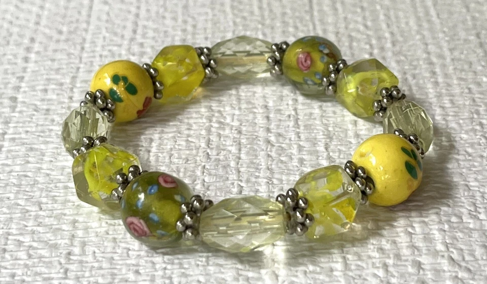 Pulsera de cuentas de murano de vidrio artístico cerámica amarilla, vidrio y acrílico buen estiramiento Foto 2 de 4