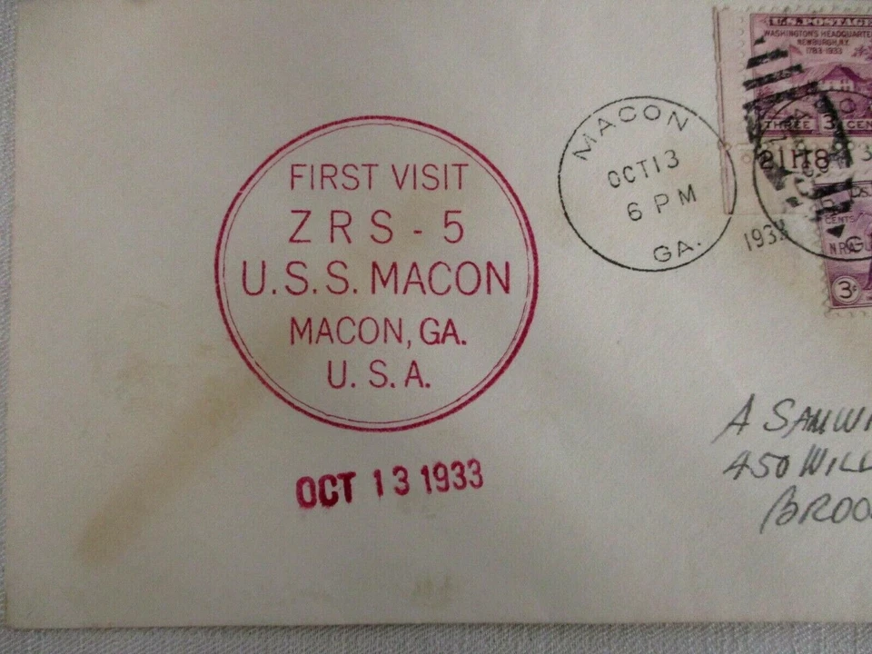 OCT 13 1933 FIRST VISIT ~ ZRS-5 USS MACON ZEPPELIN MACON GA w NRA STAMPS COVER - Image 3 of 3