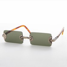 Bronze Rimless 90s Vintage Sunglass Bad Boy emblem Green Lens - Rebel
