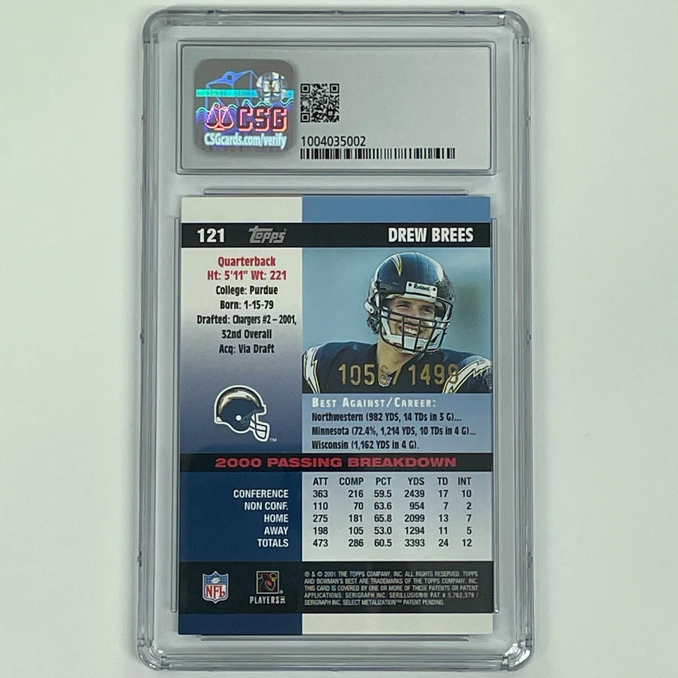 2001 Bowman's Best DREW BREES RC ROOKIE #121 CSG 9 GRADED GEM MINT 1056/1499 - Image 4 of 4