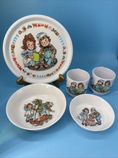 Vintage 1969 5 pc Raggedy Ann and Andy Dish Set Oneida Plate, 2 Cup, Bowl, Dish