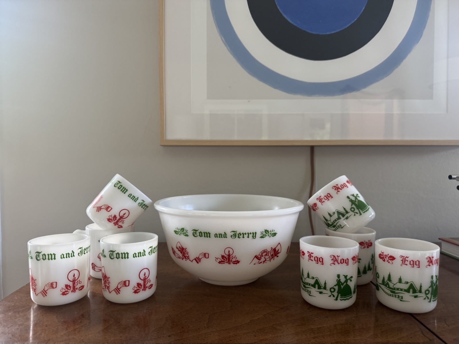 Vintage 1950s Hazel Atlas Milk Glass Tom & Jerry Eggnog Punch Bowl Set w/ 8 Mugs