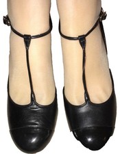 Chanel Black T Strap Mary Jane CC Logo Sides Heel Shoes Size 37.5