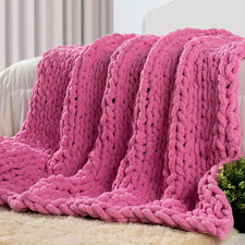 Chunky Knit Throw Blanket 50"x60"   Handmade Chenille Hot Pink