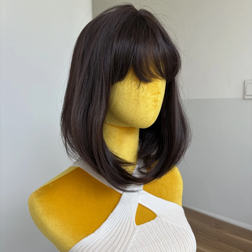 Pelucas cosplay rectas de cabello sintético resistente al calor marrón oscuro con flequillo Foto 3 de 4