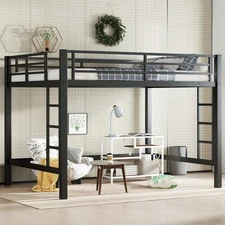 Queen Size Heavy Duty Metal Loft Bed Frame with 2 Ladders for Adults Teens Black