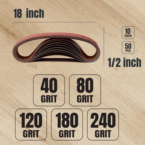 Courroies abrasives 1/2 x 18 pouces, 50 pièces, 10 grains 40/80/120/180/240 chacune, aluminium... - Photo 2/7