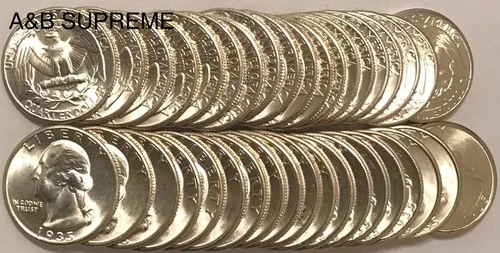 ROLL (40) 1935 WASHINGTON QUARTERS “STUNNING GEMS” BU UNCIRCULATED 90% SILVER