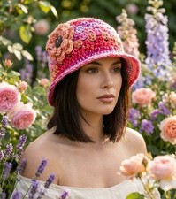 crochet-womans-handmade-flower-bucket-hat-brim-cloche-pink-lemonade-new
