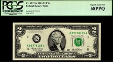 2003 $2 FRN DALLAS. FR: 1937-K. PCGS Graded: 68 PPQ. HIGH S/N. TOP POP.