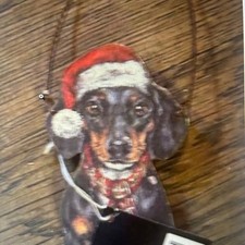 Primitives by Kathy Dachshund Dog With Santa Hat  Scarf Hanging Xmas Ornament