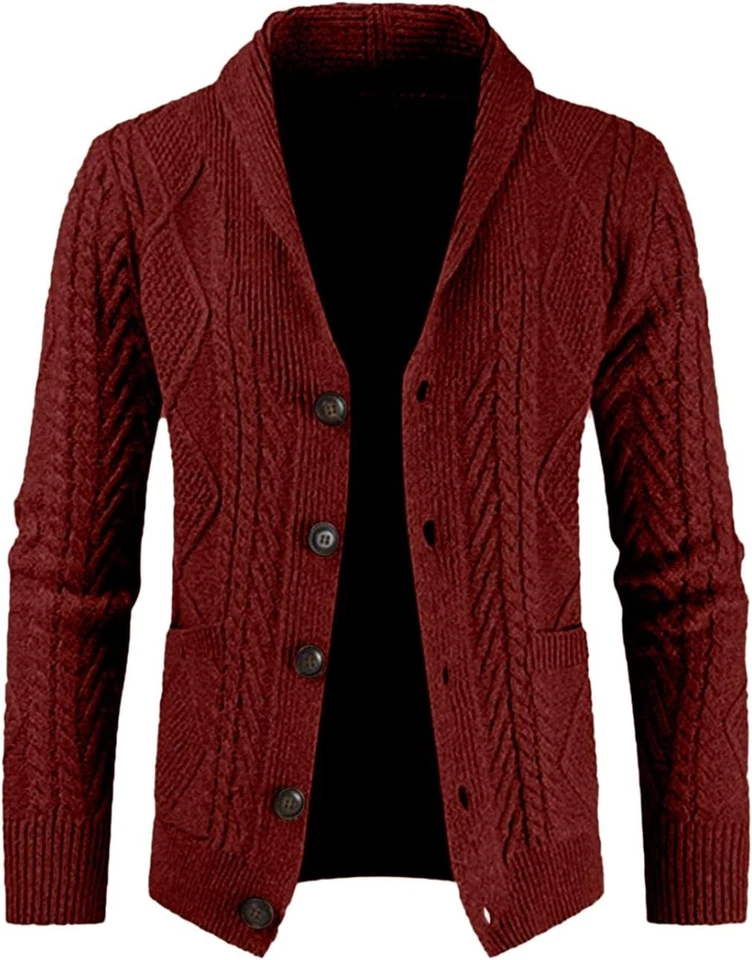 Men's Cable Knit Cardigan Sweater Wool Blend Long Sleeve Shawl Collar Casual - Image 2 of 4