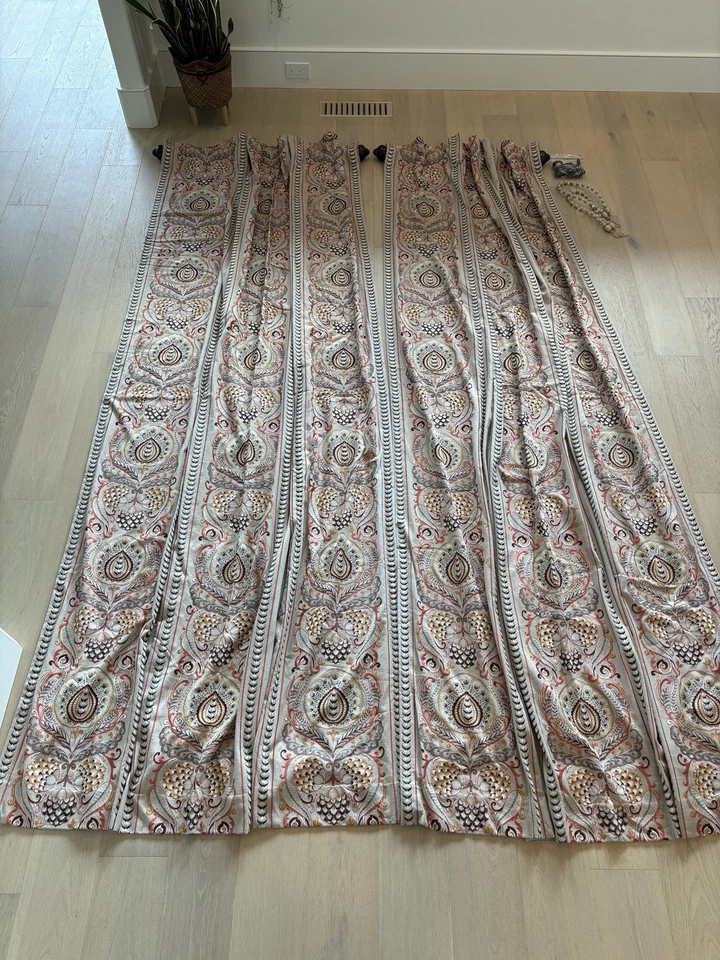 Pair Custom 10ft Drapery Panels Linen Color With Embroidered Pattern, 70” W - Image 2 of 4