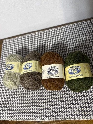 1 lot of 4 skeins Jamieson's of Shetland Spindrift -Moss, Rye, Wren, Burnt Umber - product listing photo