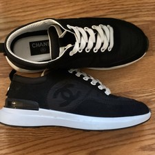 CHANEL Black Logo Lace Up Low Top Designer Athletic Sneakers Women pre owned