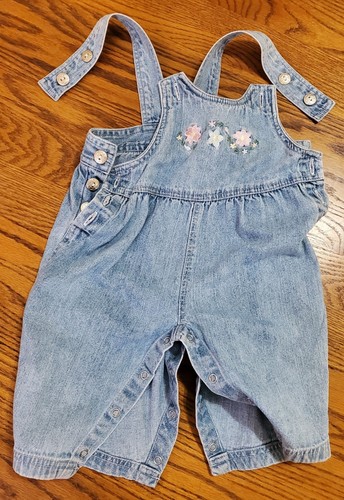 MINIWEAR 6-9M GIRLS FADED DENIM OVERALLS FLORAL EMBROIDERY BUTTONS 100% COTTON - Picture 11 of 15