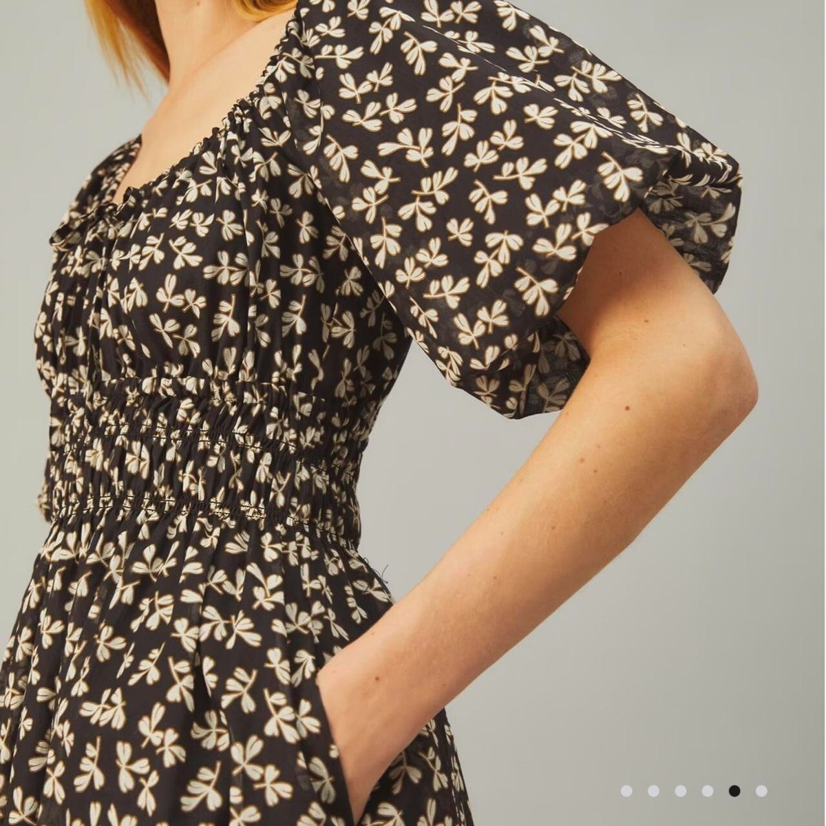 NWT Tory Burch Smocked Midi Dress in Black Little Leaves