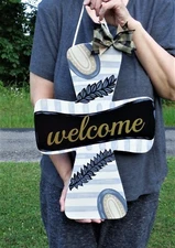 18" WELCOME CROSS Modern Gray Tan  SIGN Wall Art Door Hanger Plaque Wood Decor