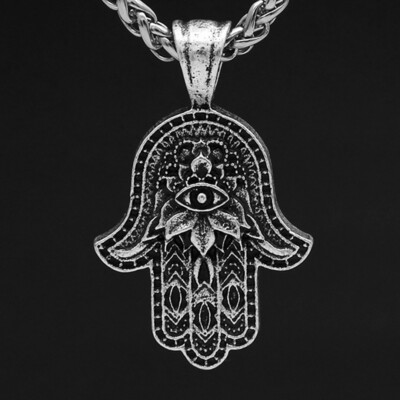 Mens Vintage Silver Hamsa Hand Evil Eye Pendant Necklace Hip Hop Jewelry 24''