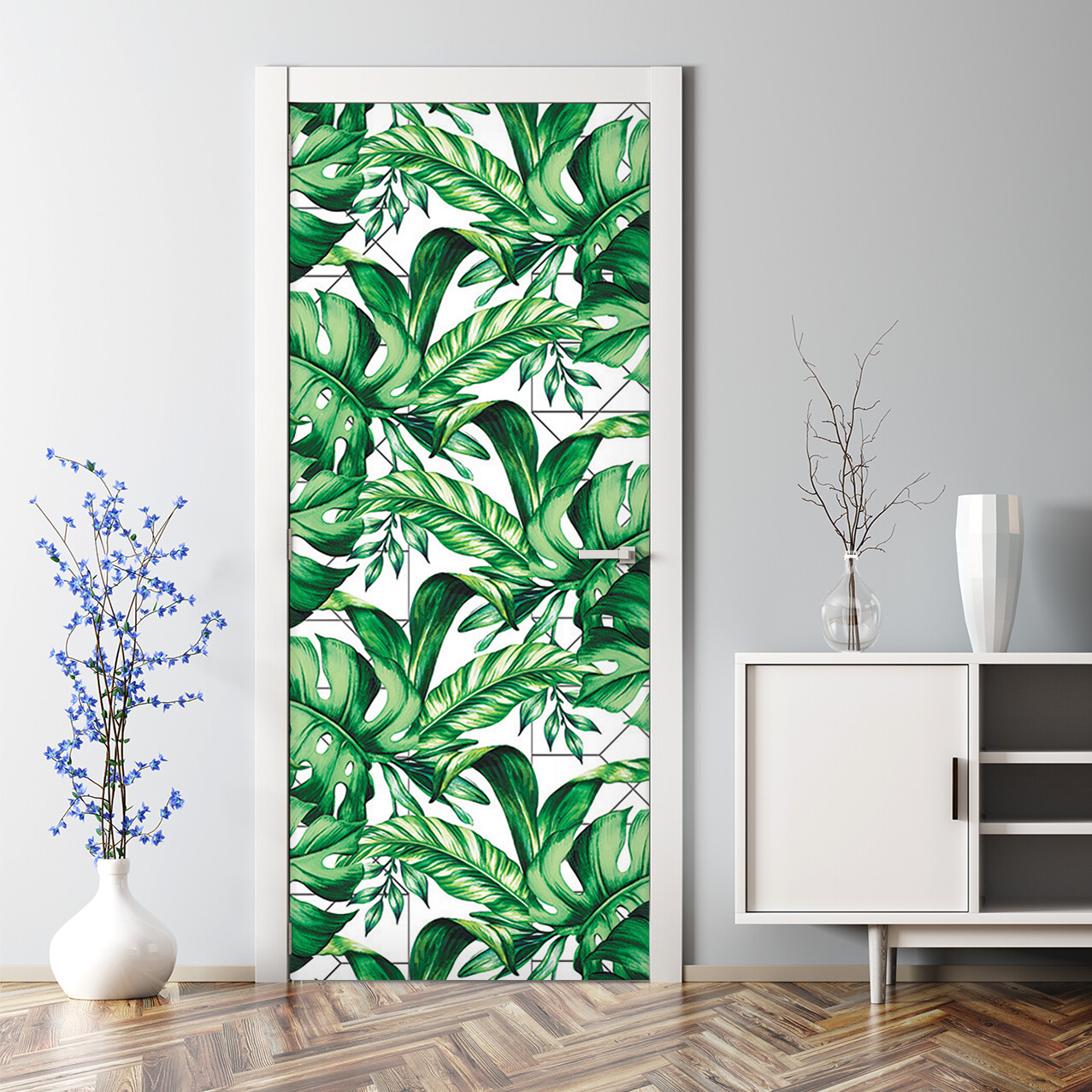 Geometric Lines Tropical Leaves Bubble-Free Door Sticker Easy Apply Decal
