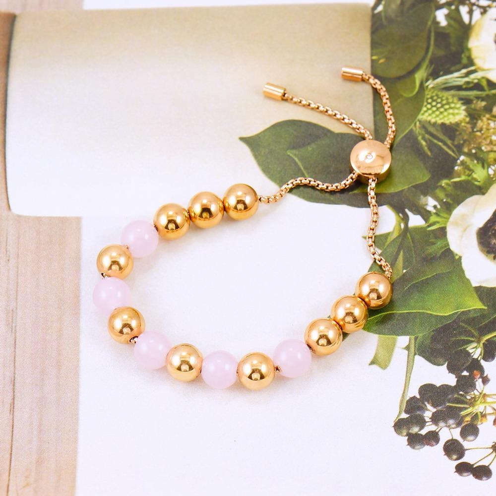 New Michael Kors Beaded Rose Quartz Slider Bracelet Rose Gold Tone