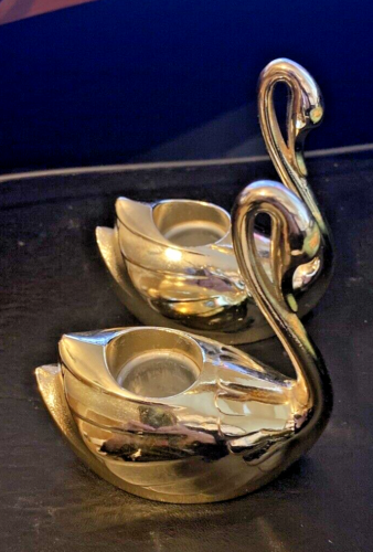 Metal Swans Candle Stick Holders Pair of Gold Tone  - Tarnish Resistant - Japan - Picture 1 of 7